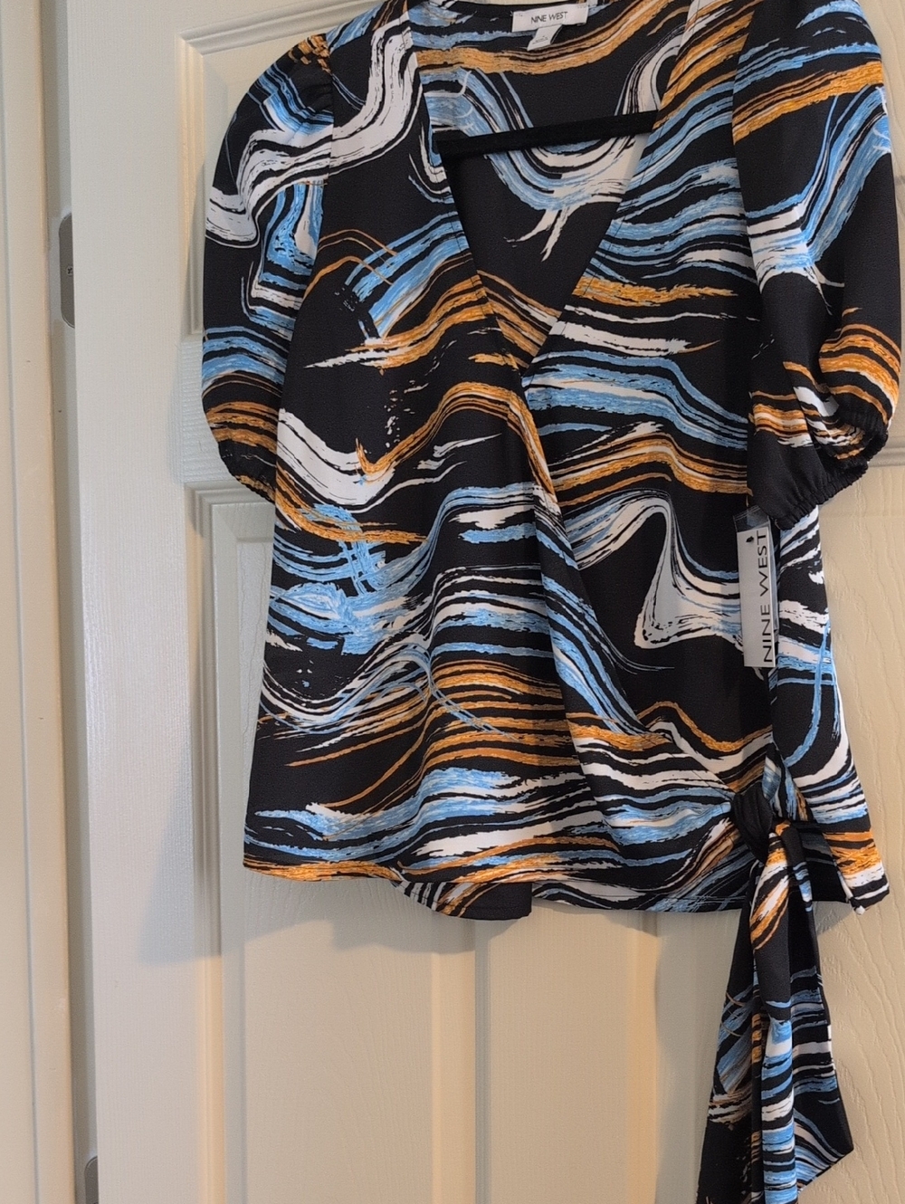 Nine West Black Wrap Blouse with Blue, White & Gold Brushstroke Print
